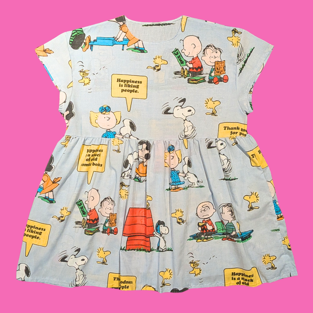 Handmade, Upcycled Peanuts, Snoopy and Charlie Brown Bedsheet Dress Fits an Oversized L-XL or Fitted 2XL
