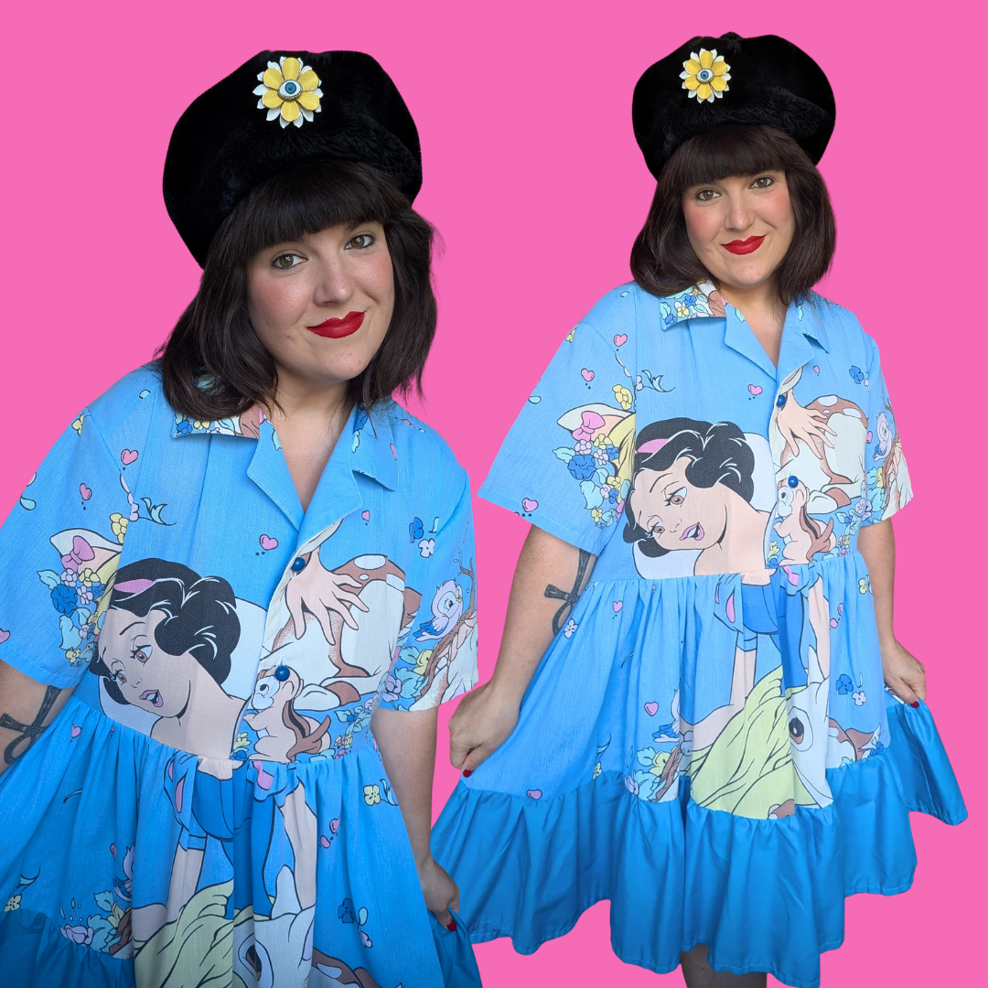Handmade, Upcycled Walt Disney's Snow White and the Seven Dwarves Bedsheet Button Down Dress Size XL