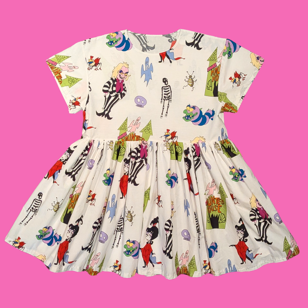 Handmade, Upcycled Beetlejuice Bedsheet Dress Fits an Oversized S-M or Fitted L-XL