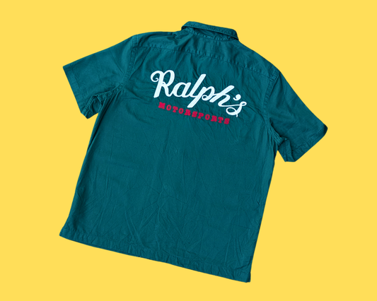 Polo Y2K Ralph Lauren, chemise verte à manches courtes Ralph's Motorsports, taille L