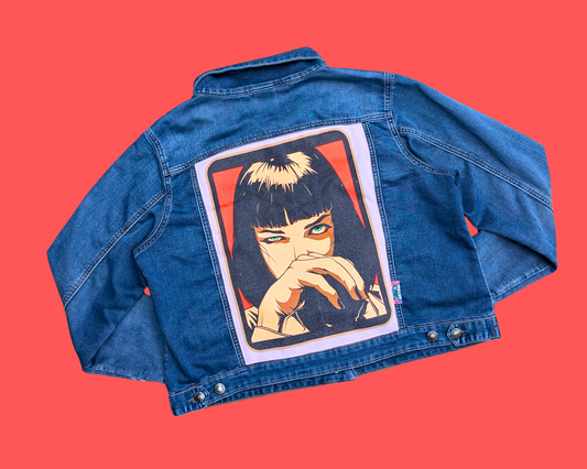 Handmade, Upcycled Pulp Fiction, Mia Wallace Denim Jacket Size L-XL