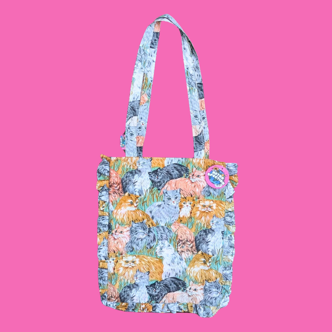 Sac fourre-tout en tissu à motif de chat fait main et recyclé