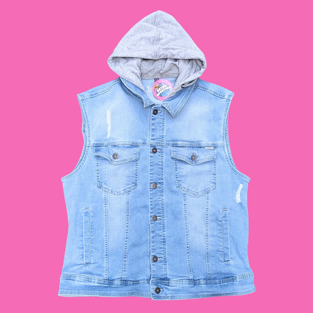Jaws Upcycled T-Shirt Sleeves Denim Jacket with Hoodie Size XL