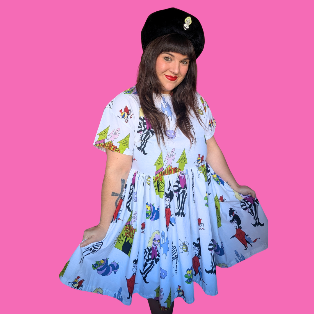Handmade, Upcycled Beetlejuice Bedsheet Dress Fits an Oversized S-M or Fitted L-XL