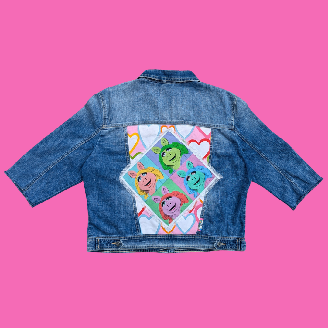 Miss Piggy Upcycled T-Shirt Denim Jacket Size L
