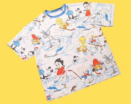 T-shirt vintage fait main et recyclé des années 1980, motif Looney Tunes jouant au hockey, taille XL