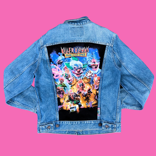 Killer Klowns from Outer Space Upcycled T-Shirt Denim Jacket Size Small for Men, Size M for Women