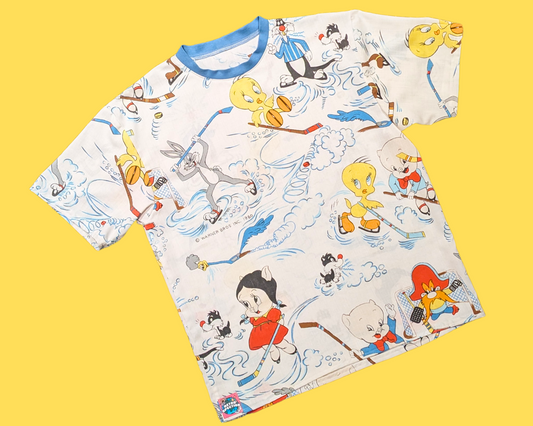 Handmade, Upcycled Vintage 1980 The Looney Tunes Playing Hockey Bedsheet T-Shirt Size M