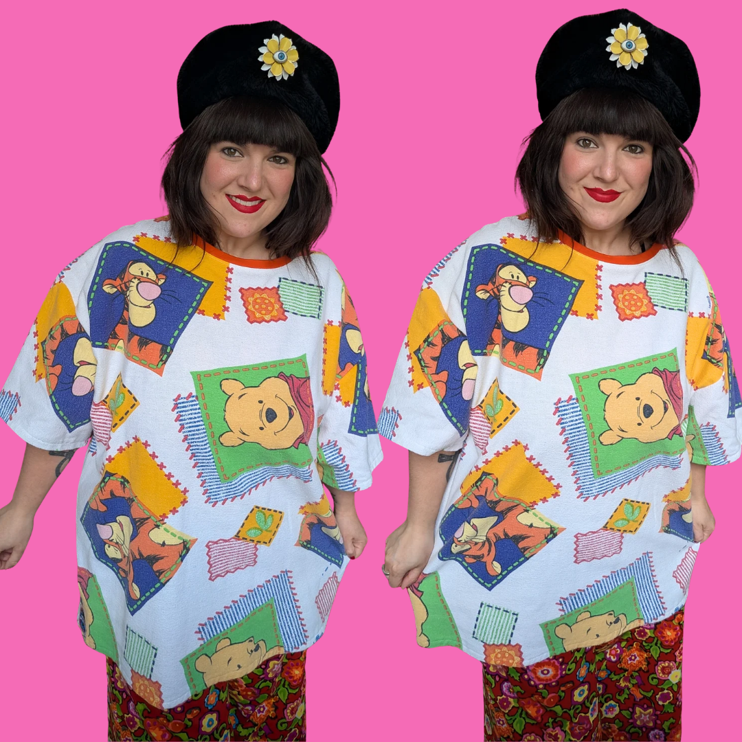 Handmade, Upcycled Walt Disney's Winnie The Pooh Flannel Bedsheet T-Shirt Oversized XL, Fitted 2XL