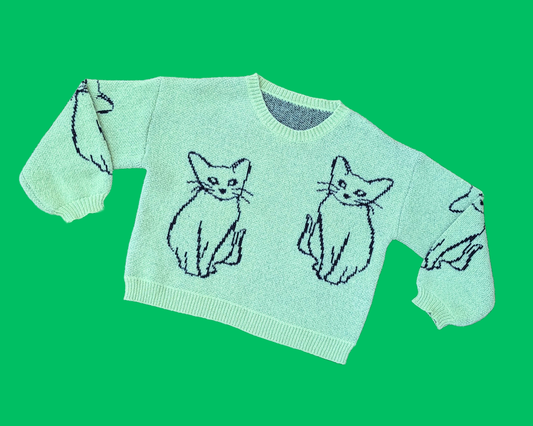 Pull vert Y2K, moelleux, motif chat, taille ML