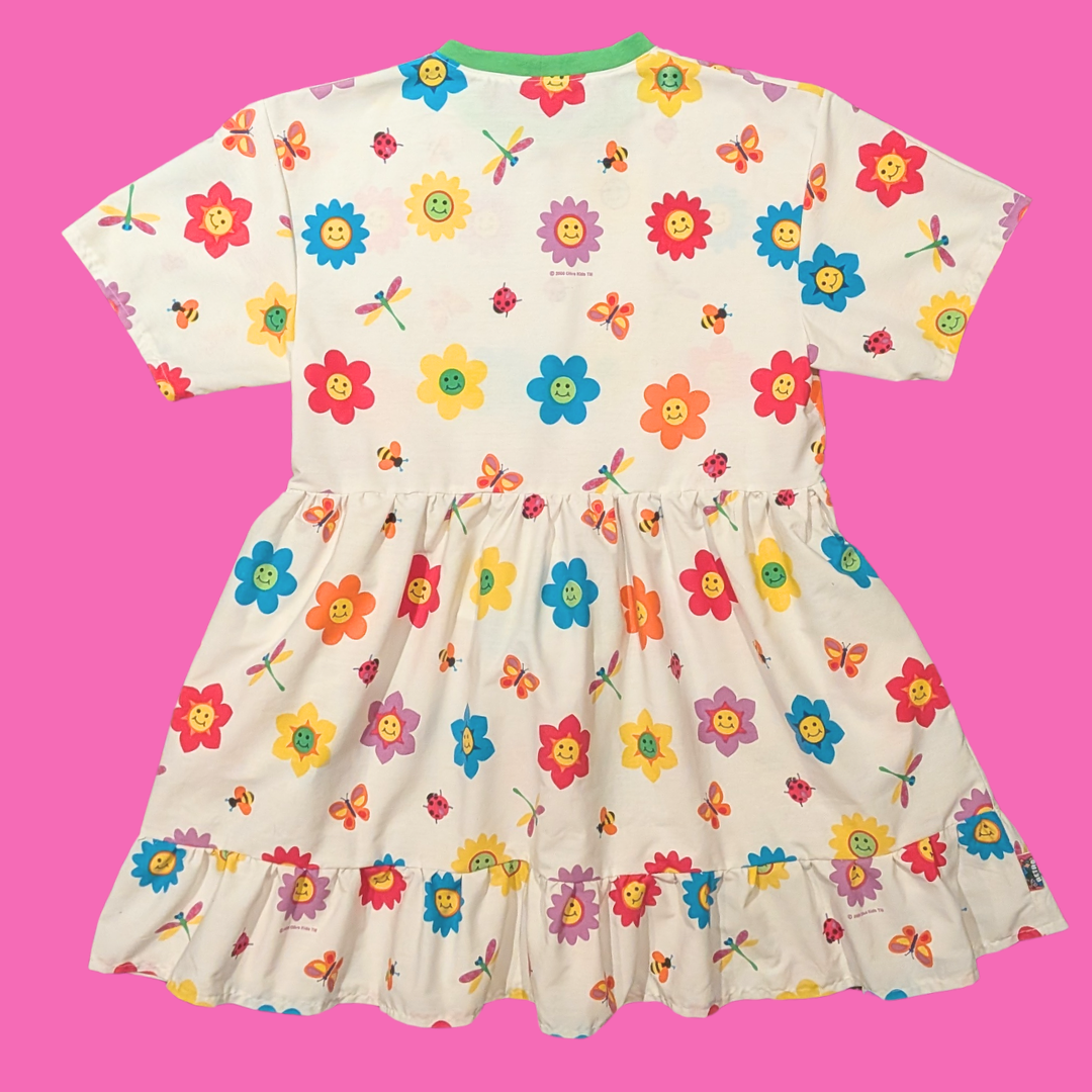 Handmade, Upcycled Y2K Smiley Face Flowers Dress Oversized S-M, Fitted L-XL