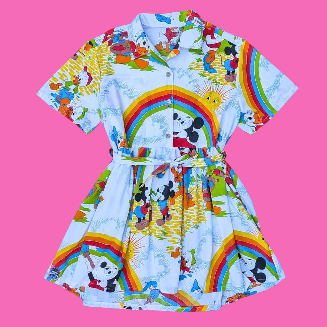 Handmade, Upcycled Walt Disney's Mickey and Friends Bedsheet Button Down Dress Size XL