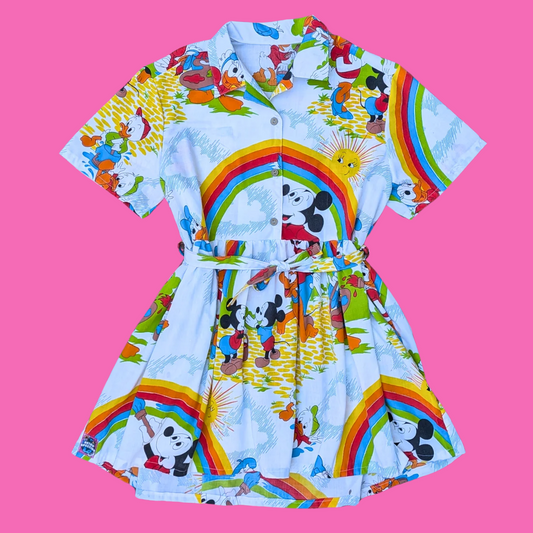 Handmade, Upcycled Walt Disney's Mickey and Friends Bedsheet Button Down Dress Size XL
