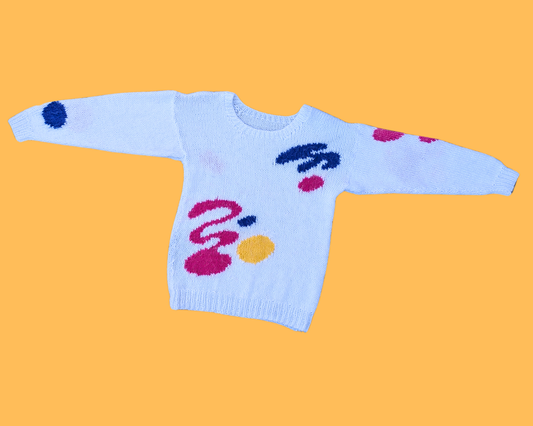 Pull vintage en acrylique blanc des années 1980 avec détails abstraits colorés, taille M