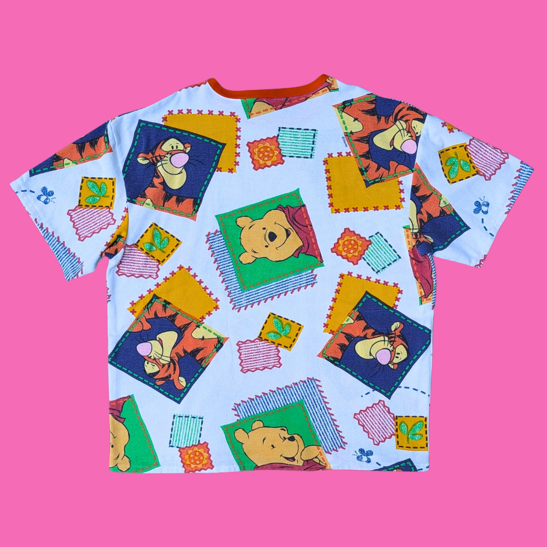 Handmade, Upcycled Walt Disney's Winnie The Pooh Flannel Bedsheet T-Shirt Oversized XL, Fitted 2XL
