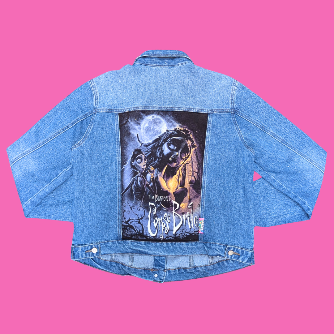 Corpse Bride Upcycled T-Shirt Denim Jacket Size M for Women