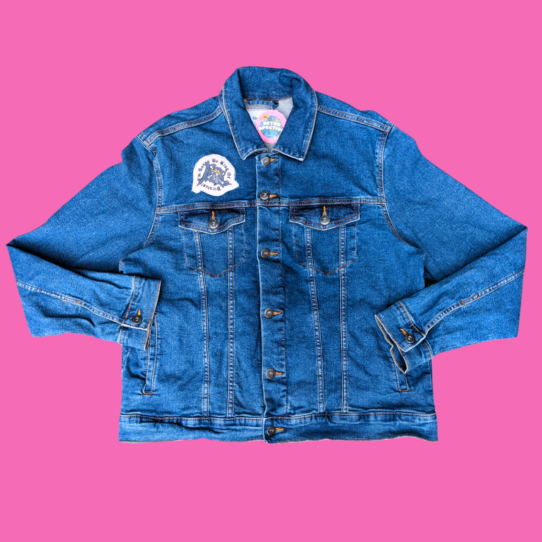 One Piece Upcycled T-Shirt Denim Jacket Size XL
