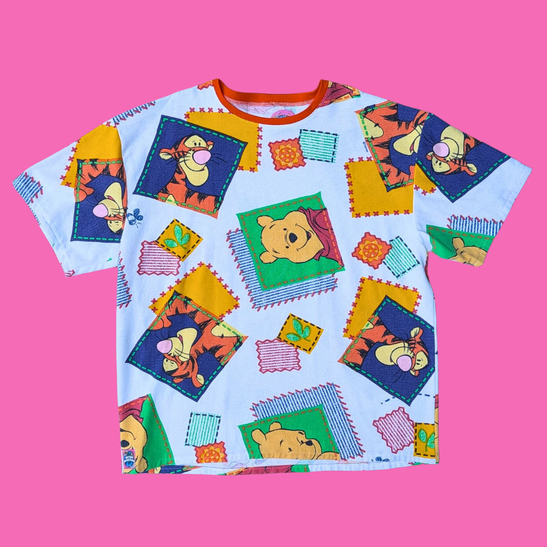 Handmade, Upcycled Walt Disney's Winnie The Pooh Flannel Bedsheet T-Shirt Oversized XL, Fitted 2XL