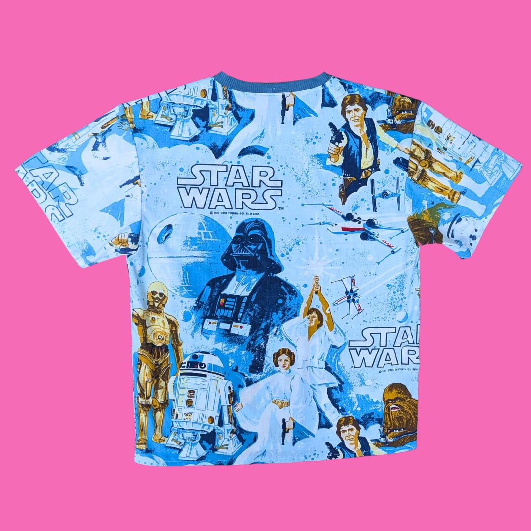 T-shirt fait main, en drap Star Wars recyclé, coupe ample S-M, coupe ajustée L-XL