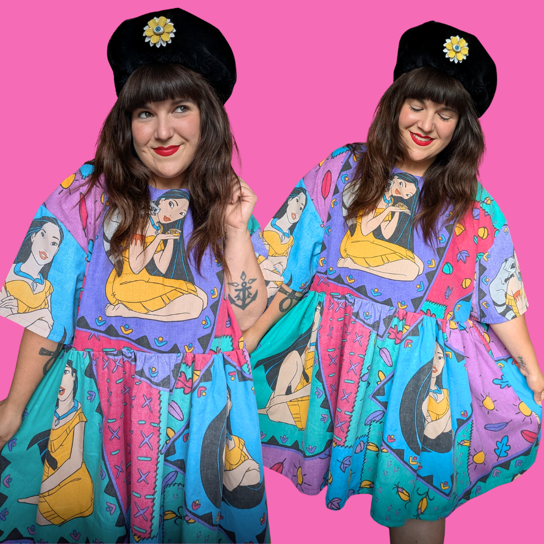 Handmade, Upcycled Disney's Pocahontas Bedsheet Dress Fits an Oversized XL or Fitted 2XL