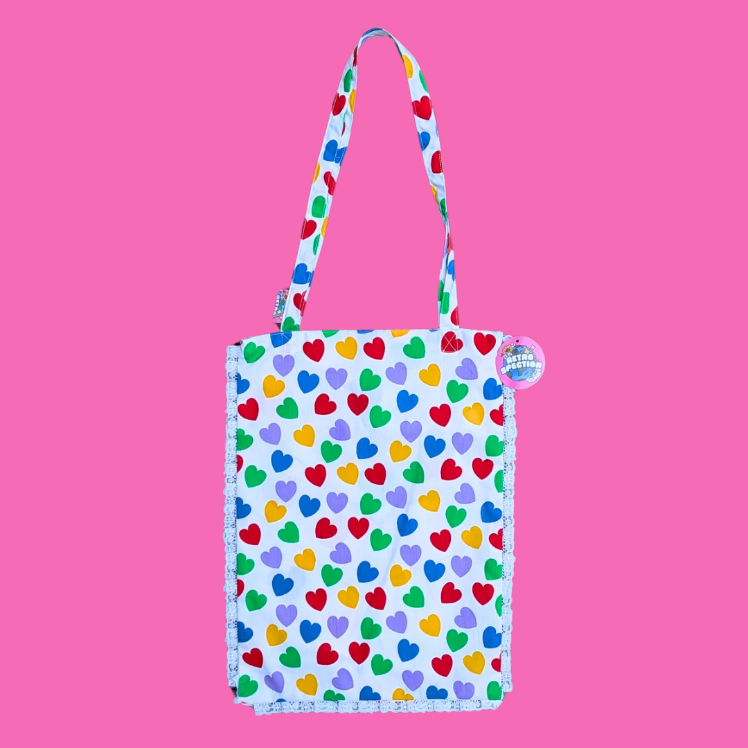 Handmade, Upcycled Colourful Hearts Patterned Fabric Tote Bag