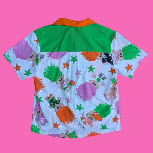 Handmade, Upcycled Trolls Bedsheet Button Down Shirt Size M