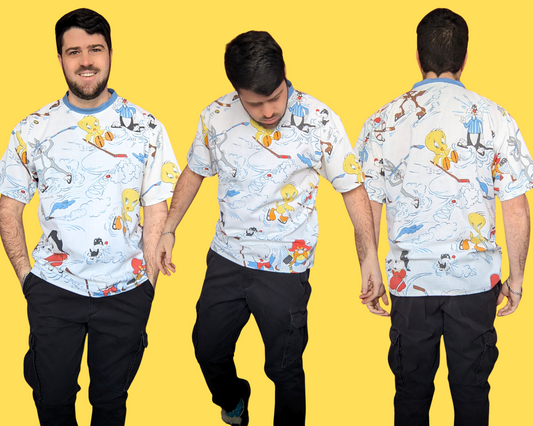 T-shirt vintage fait main et recyclé des années 1980, motif Looney Tunes jouant au hockey, taille M