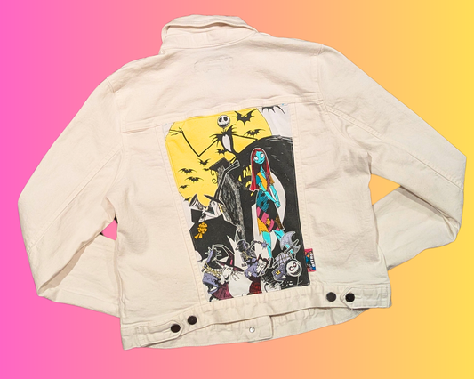 Handmade, Upcycled The Nightmare Before Christmas White Denim Jacket Size L