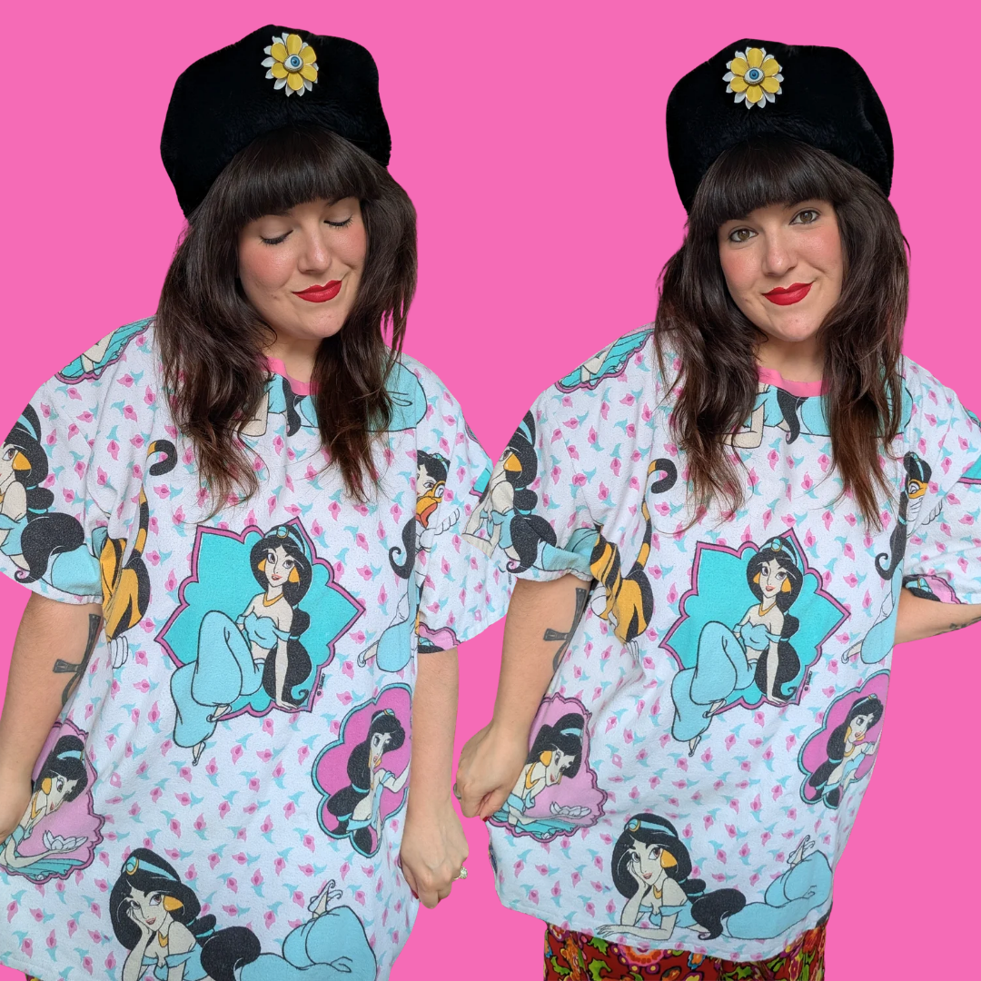 T-shirt en flanelle fait main, surcyclé, Aladdin, Jasmine et Rajah de Walt Disney, taille XL ample, 2XL ajusté