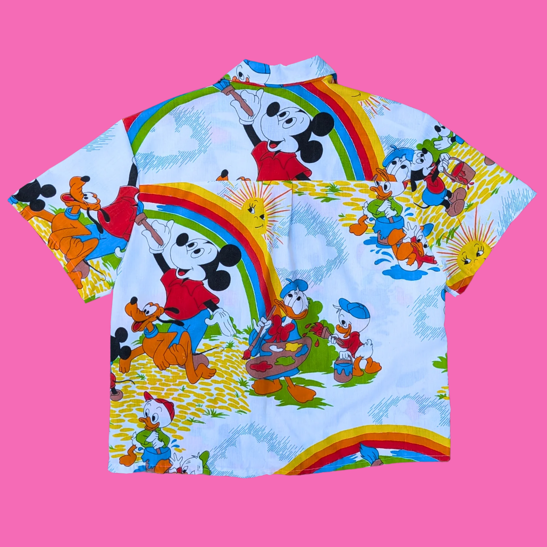 Handmade, Upcycled Walt Disney's Mickey and Friends Bedsheet Button Down Shirt Size L