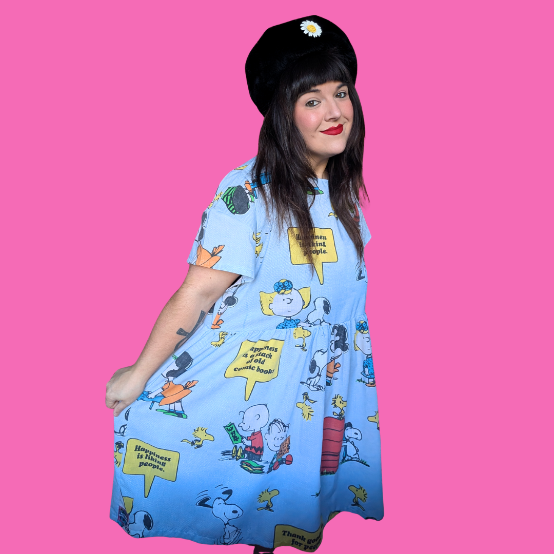 Handmade, Upcycled Peanuts, Snoopy and Charlie Brown Bedsheet Dress Fits an Oversized L-XL or Fitted 2XL
