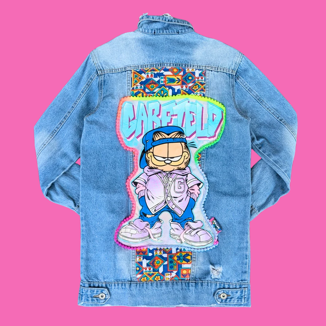 Garfield Upcycled T-Shirt Denim Jacket Size M for Women