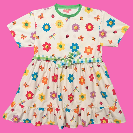 Handmade, Upcycled Y2K Smiley Face Flowers Dress Oversized S-M, Fitted L-XL