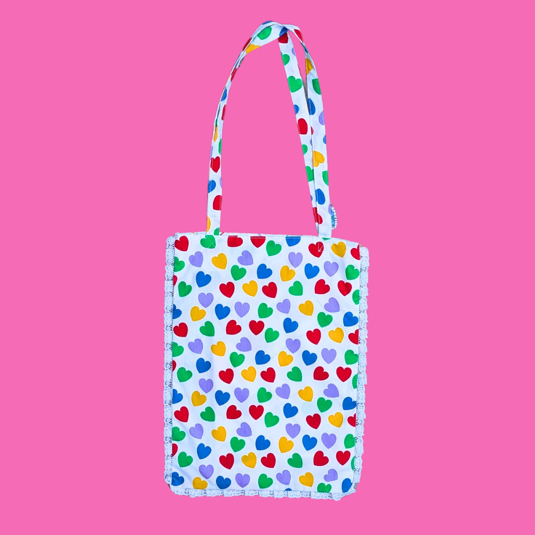 Handmade, Upcycled Colourful Hearts Patterned Fabric Tote Bag