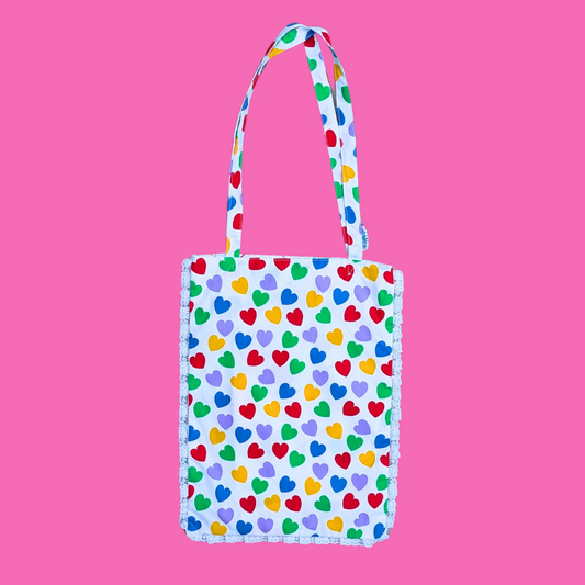 Handmade, Upcycled Colourful Hearts Patterned Fabric Tote Bag