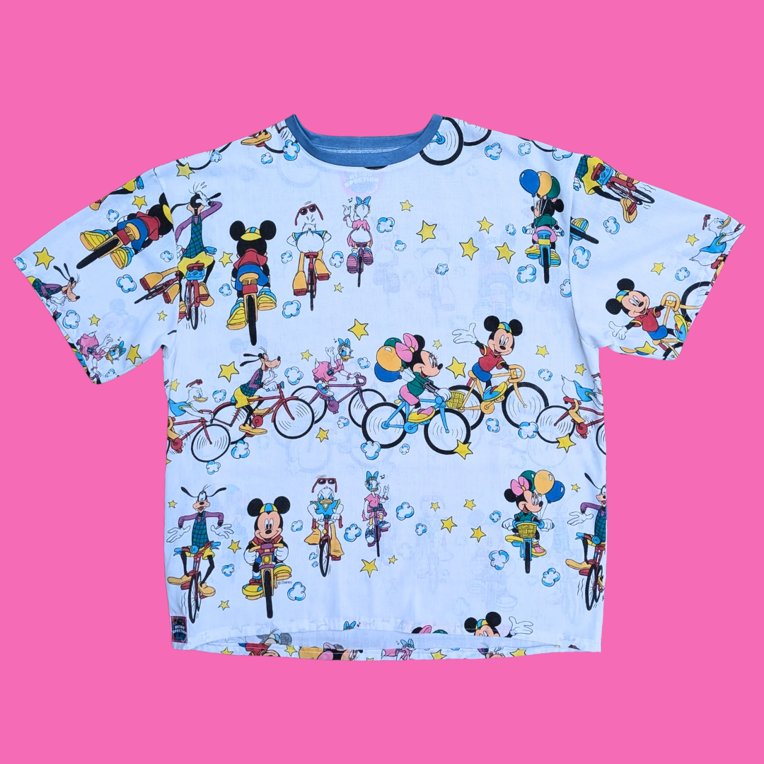 T-shirt artisanal surcyclé Walt Disney Mickey et ses amis, drap de lit, surdimensionné XL, ajusté 2XL