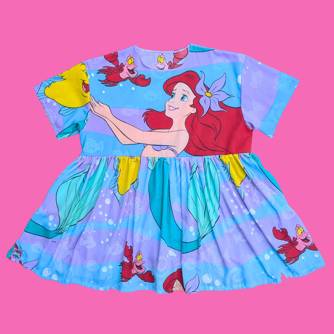 Handmade, Upcycled Disney's The Little Mermaid Bedsheet Dress Fits an Oversized XL or Fitted 2XL