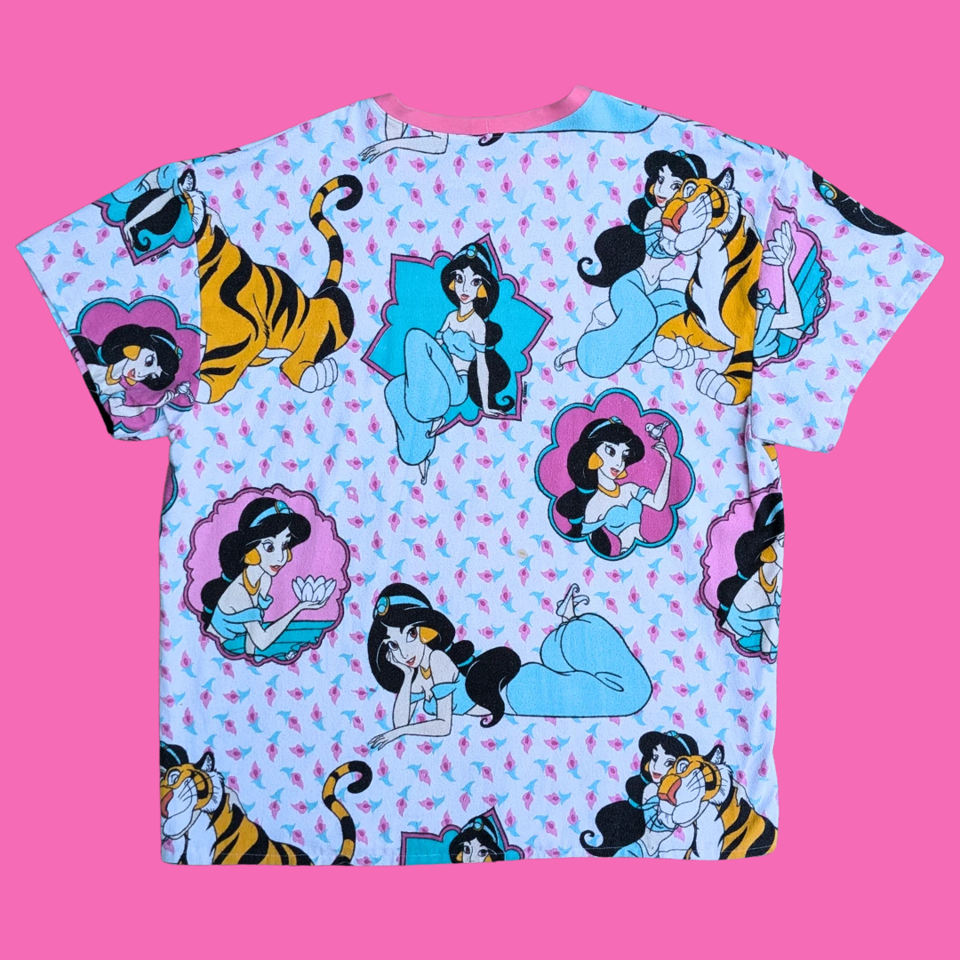 T-shirt en flanelle fait main, surcyclé, Aladdin, Jasmine et Rajah de Walt Disney, taille XL ample, 2XL ajusté