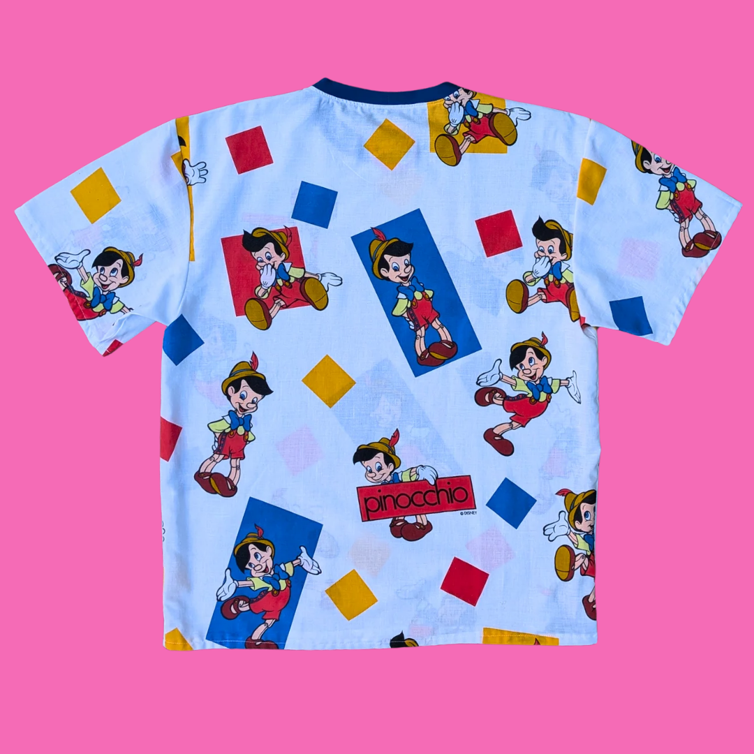 Handmade, Upcycled Walt Disney's Pinocchio Bedsheet T-Shirt Oversized S-M, Fitted L-XL