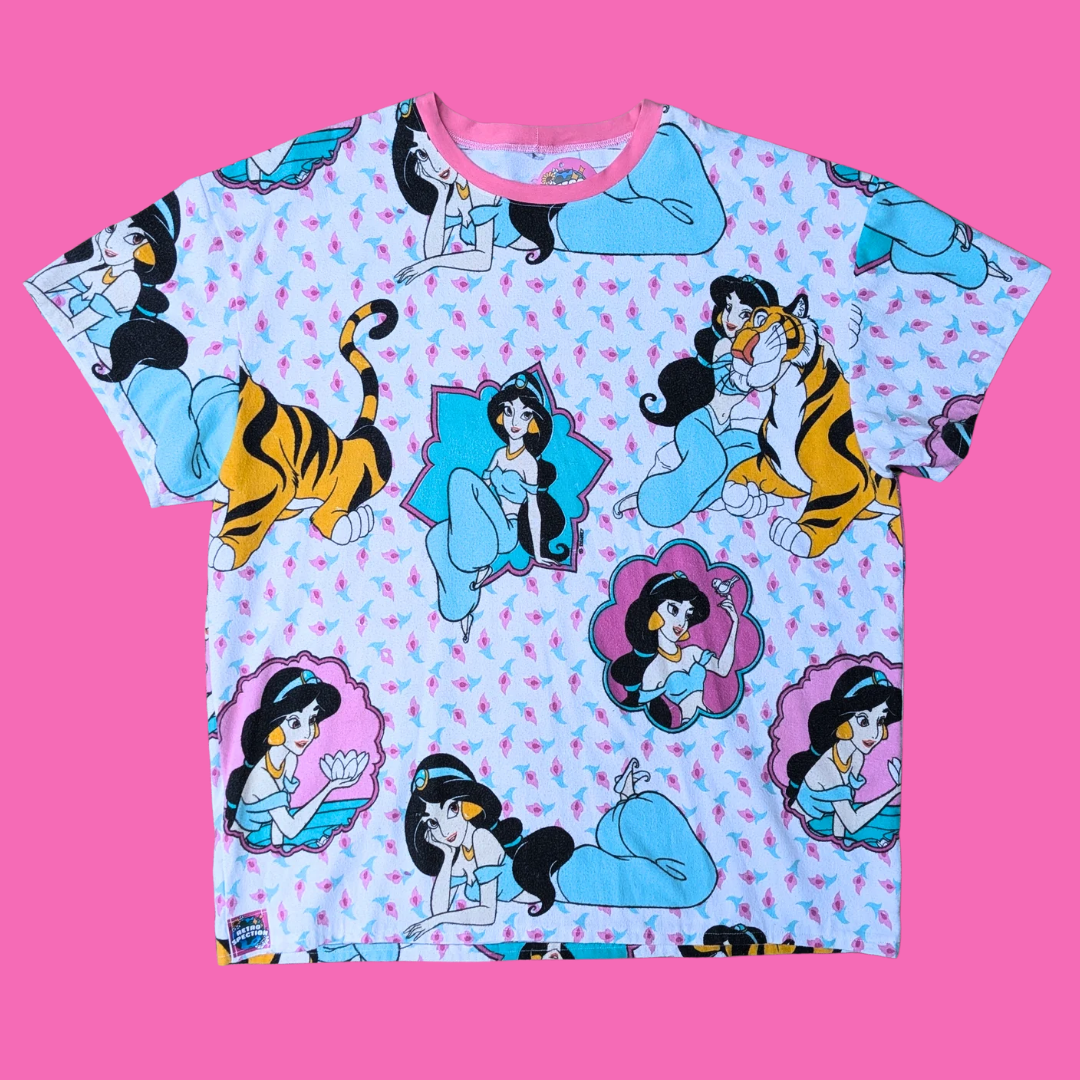 T-shirt en flanelle fait main, surcyclé, Aladdin, Jasmine et Rajah de Walt Disney, taille XL ample, 2XL ajusté