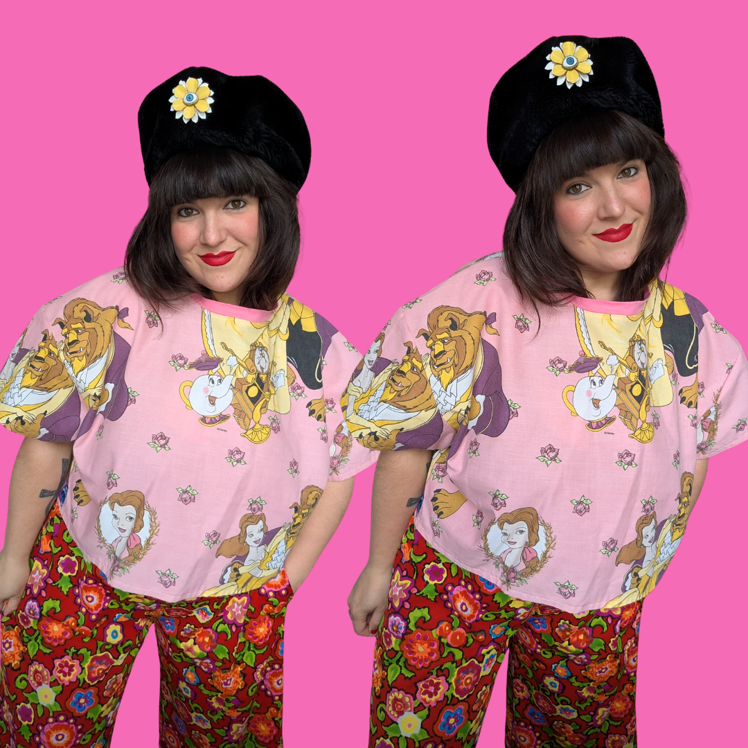 Haut court en drap de lit, fait main à partir de La Belle et la Bête de Walt Disney, XL ample, 2XL ajusté