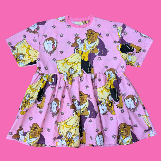 Handmade, Upcycled Walt Disney's Beauty and The Beast Bedsheet Dress Oversized XL, Fitted 2XL