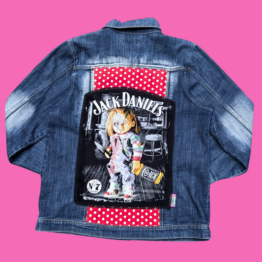 Chucky and Jack Daniels Upcycled T-Shirt Denim Jacket Size XL for Women