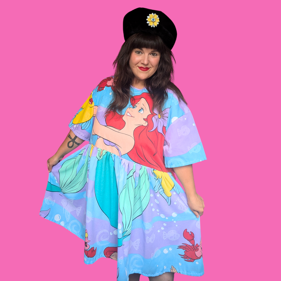 Handmade, Upcycled Disney's The Little Mermaid Bedsheet Dress Fits an Oversized XL or Fitted 2XL