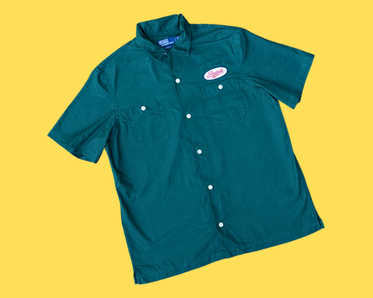 Polo Y2K Ralph Lauren, chemise verte à manches courtes Ralph's Motorsports, taille L