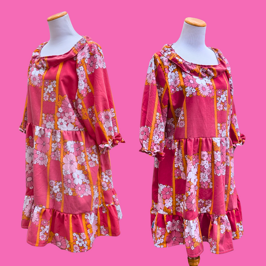Handmade, Upcycled Vintage Warm Pink Floral Bed Sheet Dress Size M-L