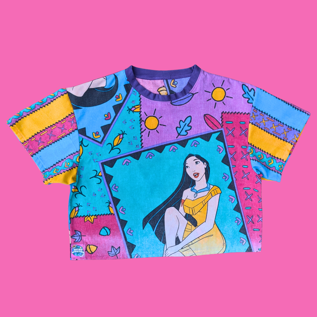 Handmade, Upcycled Disney's Pocahontas Bedsheet T-Shirt Oversized S-M, Fitted L-XL