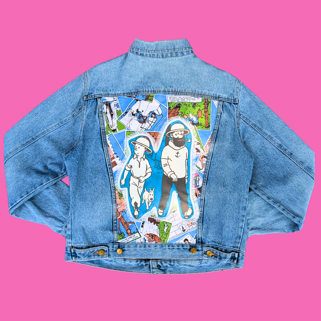 Tintin Upcycled T-Shirt Denim Jacket Size M for Men, Size L for Women