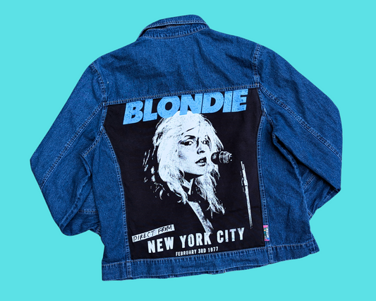Handmade, Upcycled Blondie, Debbie Harry Denim Jacket Size L-XL