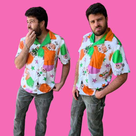 Chemise boutonnée faite main en drap de lit Trolls recyclé Taille M